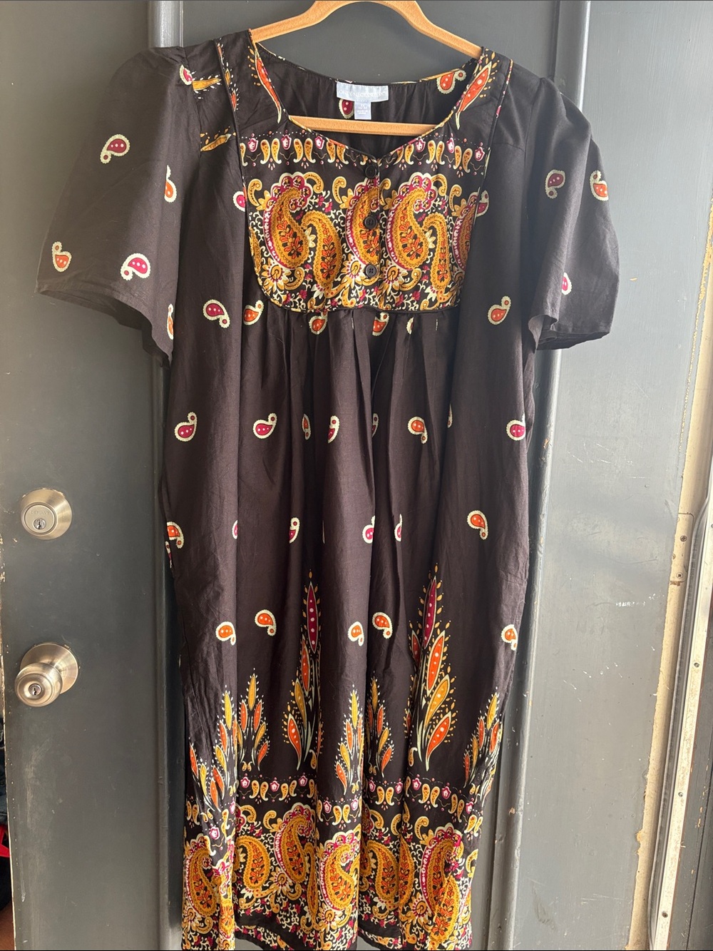 Only Necessities Black Maxi Dress with Orange and Pink Paisley Accents